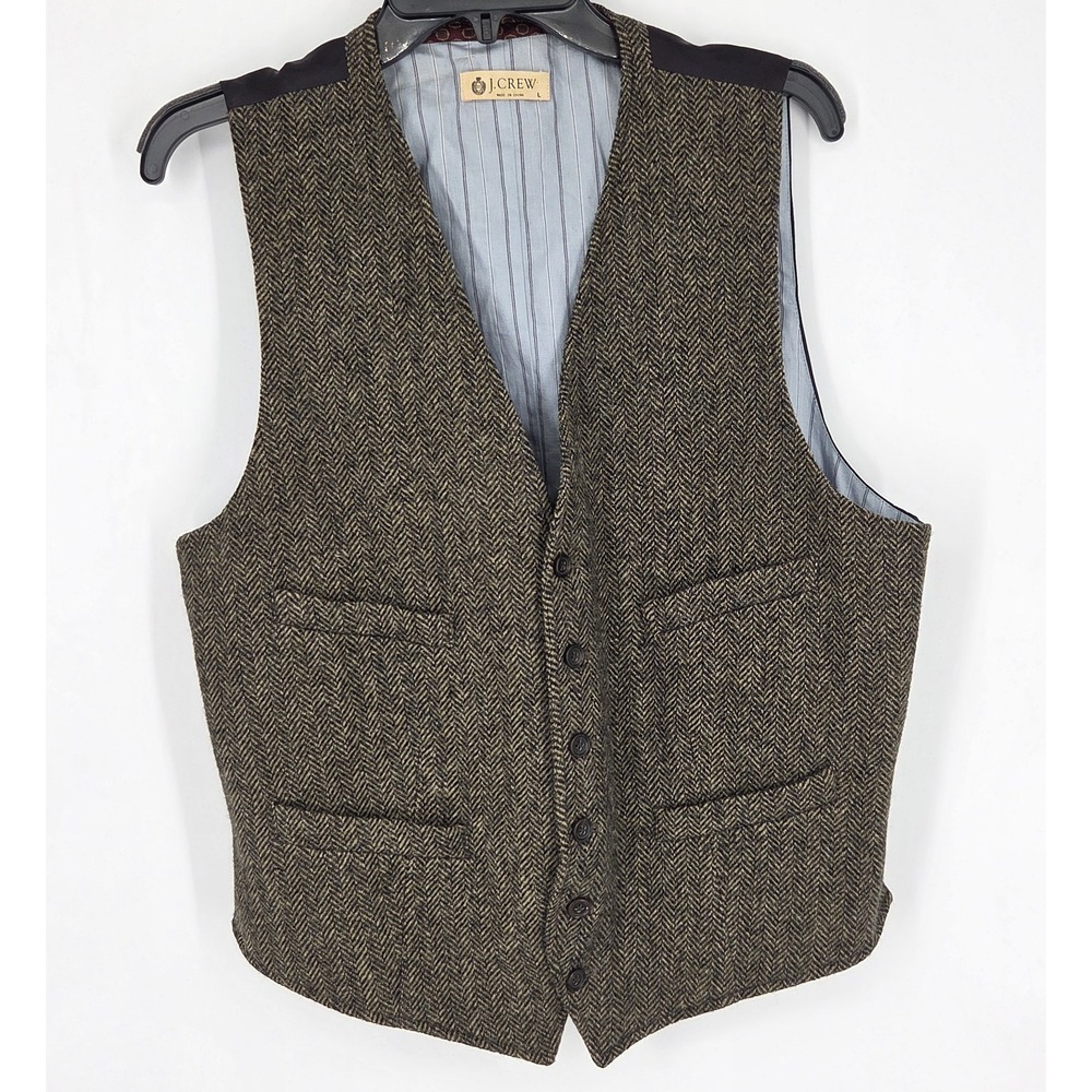 J. CREW Vest MOON Tweed Wool Fabric Men's Large Brown Herringbone Button Up